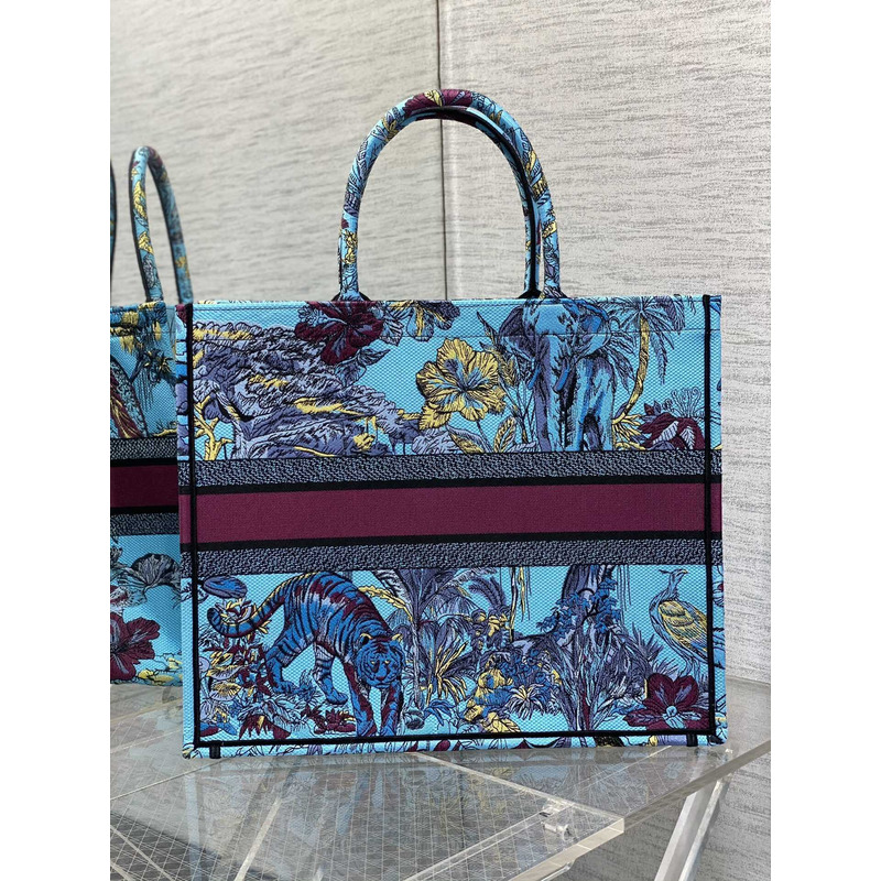 D*or book tote bag space blue fabric with multicolor voyage jouy print embroidery