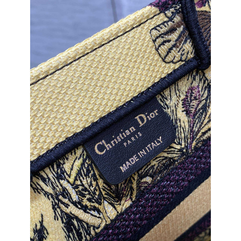 D*or small book tote bag multicolour voyage jouy print embroidery on yellow fabric