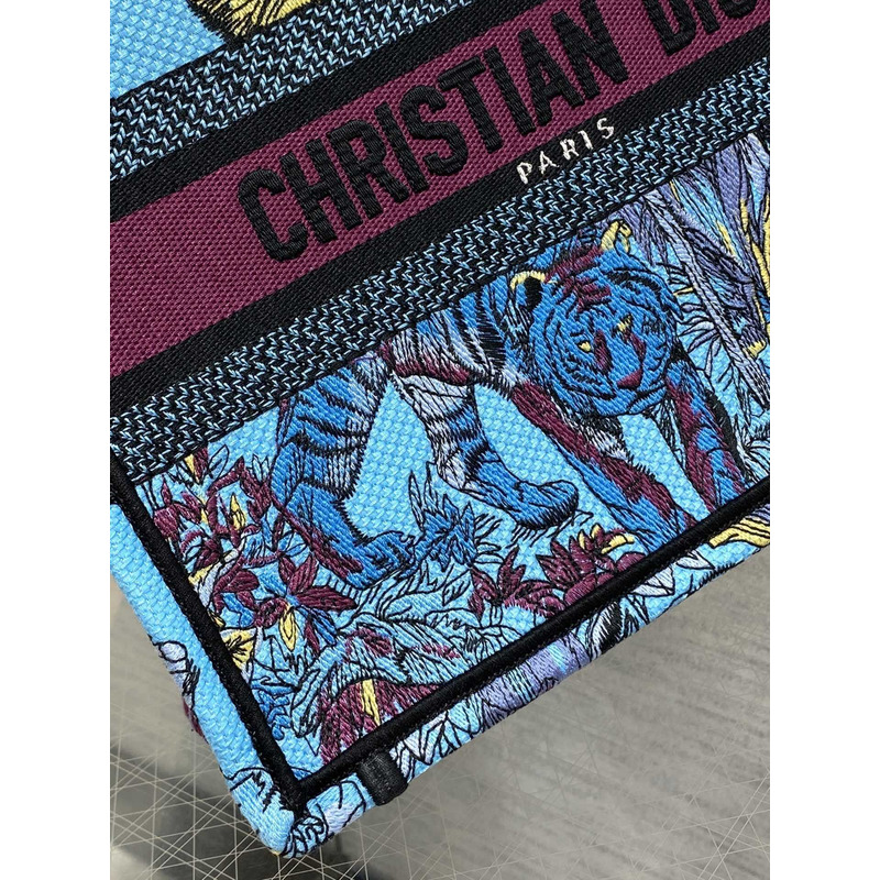 D*or small book tote bag space blue fabric with multicolor voyage jouy print embroidery