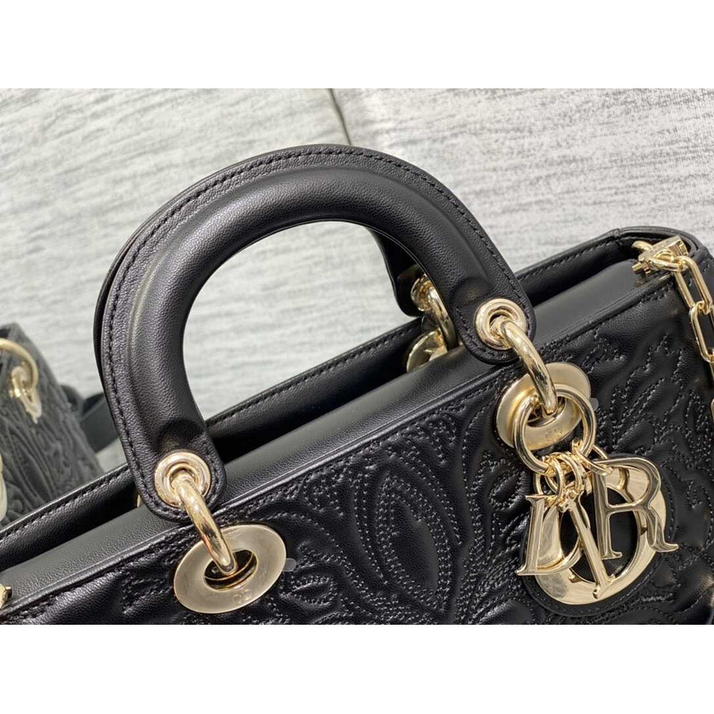 D*or medium lady d-joy bag black lambskin with ornamental motif