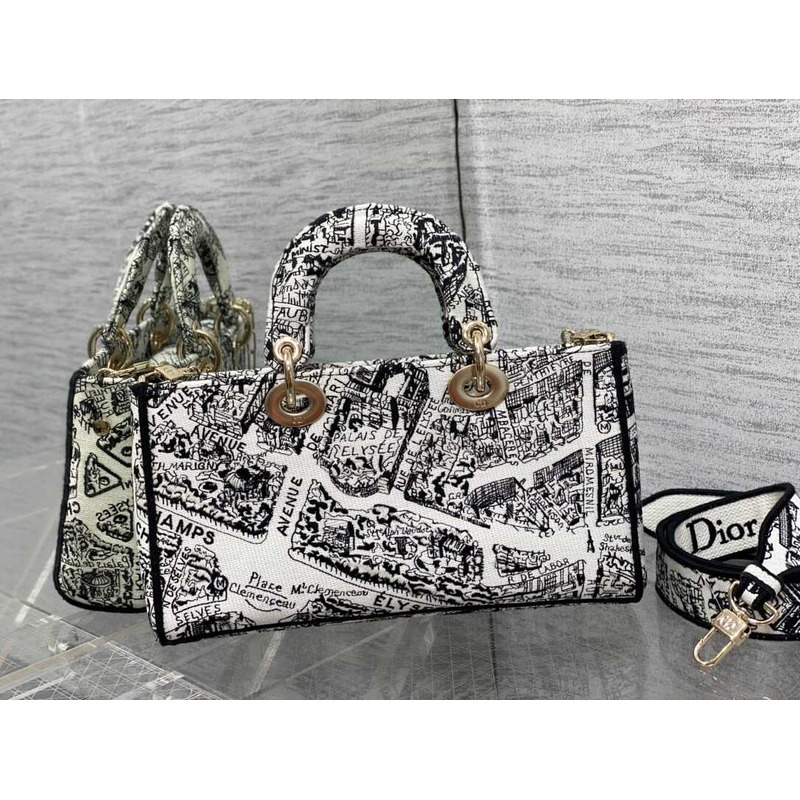 D*or medium lady d-joy bag full black and white plan de paris embroidery pattern