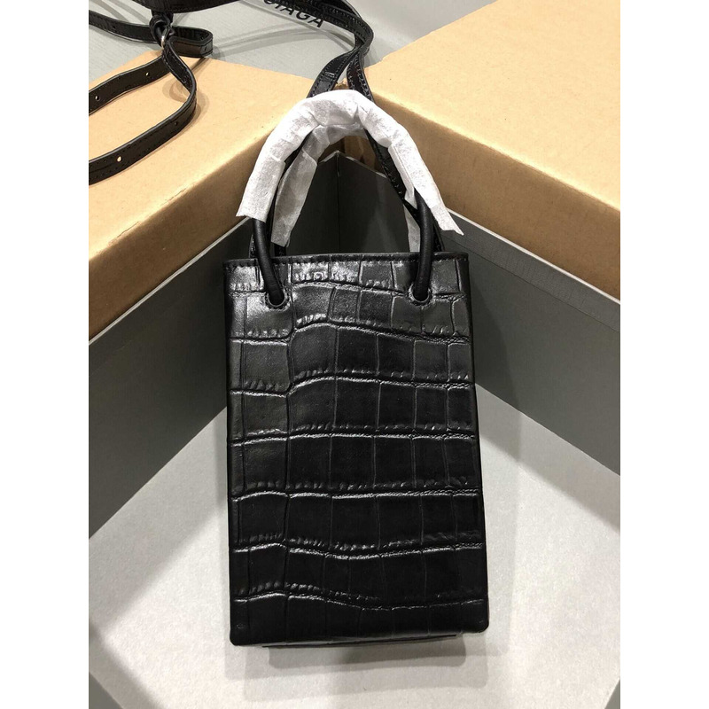 Ba*len*cia*ga textured calfskin logo shopping phone holder bag black