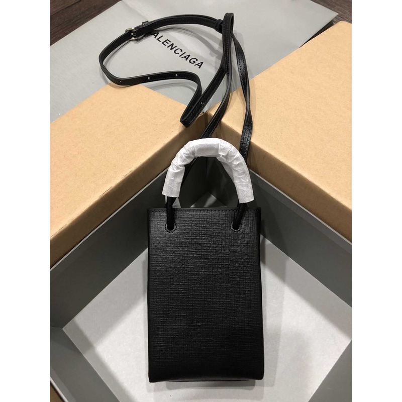 Ba*len*cia*ga textured calfskin logo shopping phone holder bag black