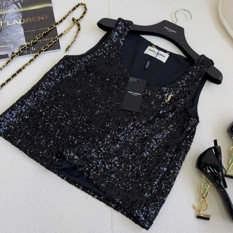 Saint Laurent Glitter Sleeveless Tank Top Black