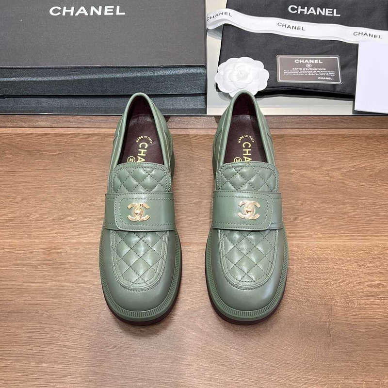 Ch*el lambskin leather loafer green