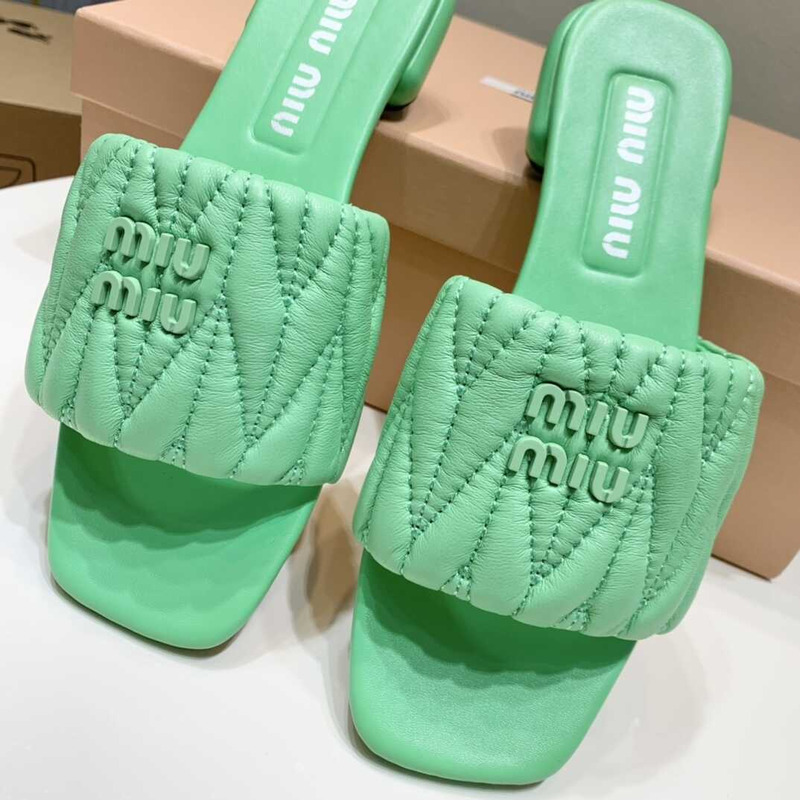 Miu Miu Matelassé Slipper Sandal In Soft Suede Green