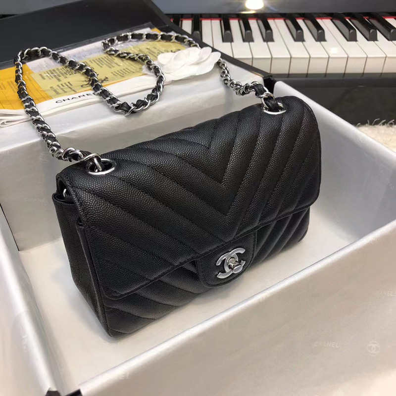 Ch*el rectangular flap chevron quilted metallic mini black