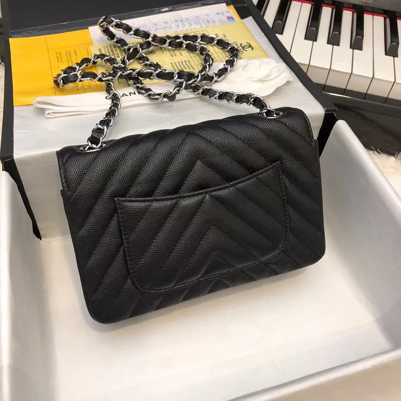 Ch*el rectangular flap chevron quilted metallic mini black
