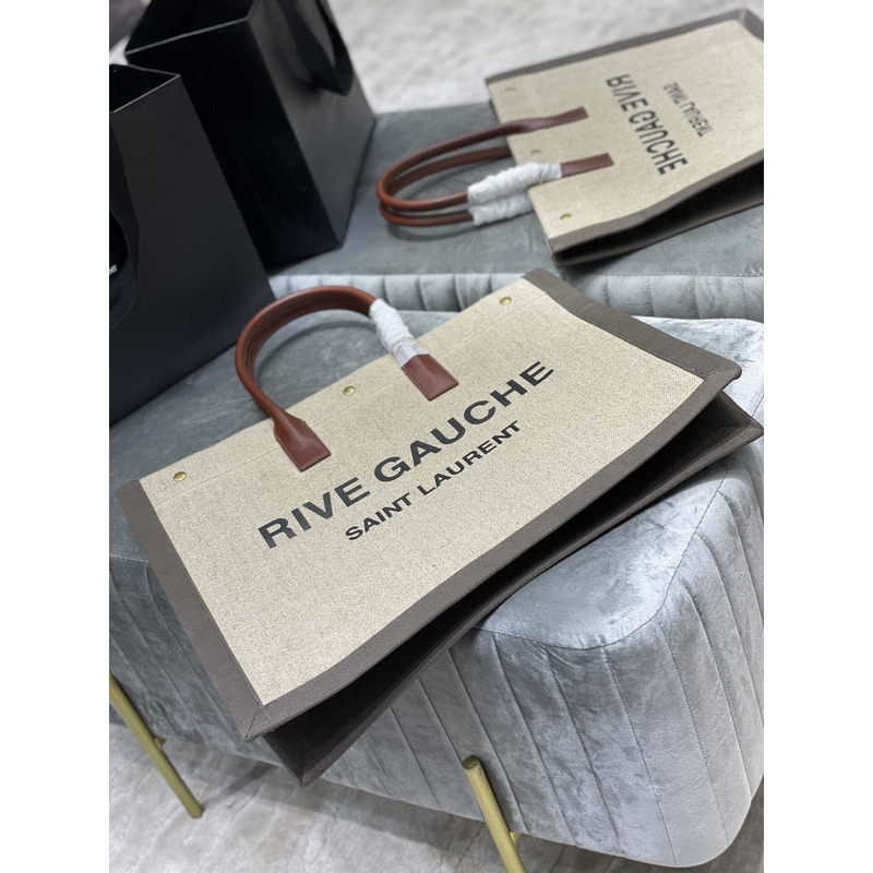Saint Laurent Rive Gauche Vertical Shopper In Linen And Cotton Gray And Beige