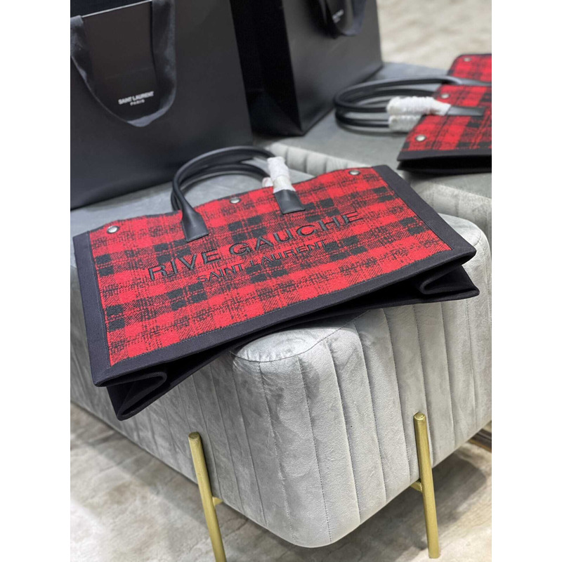 Saint Laurent Rive Gauche Vertical Shopper In Linen And Cotton Black And Red