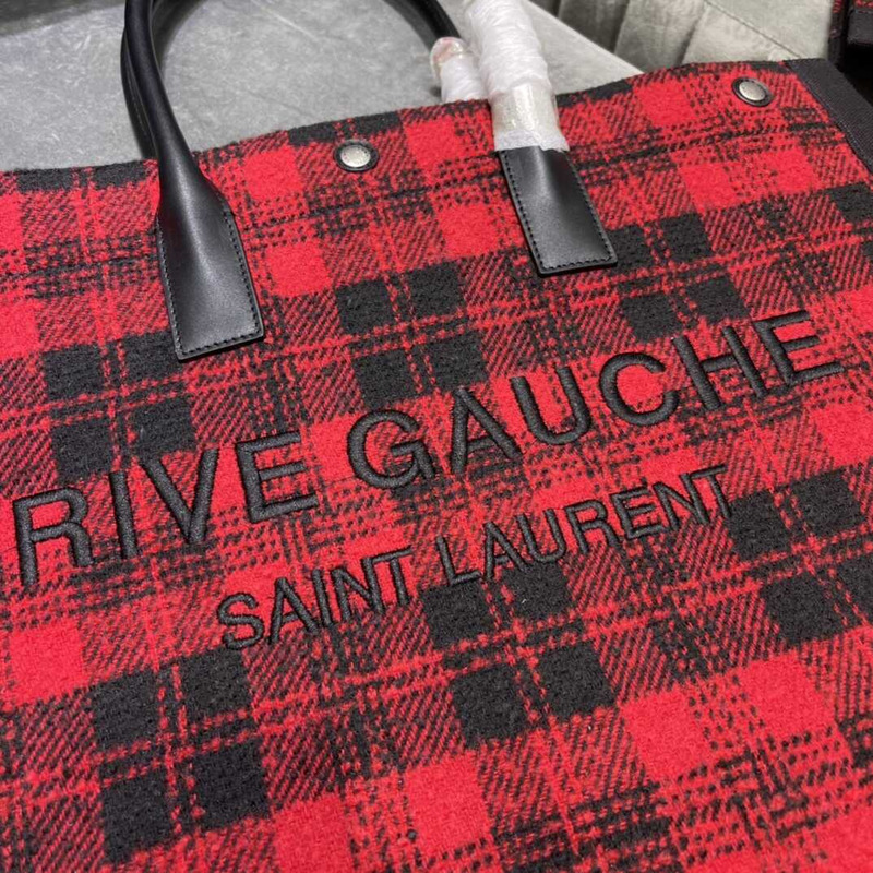 Saint Laurent Rive Gauche Vertical Shopper In Linen And Cotton Black And Red