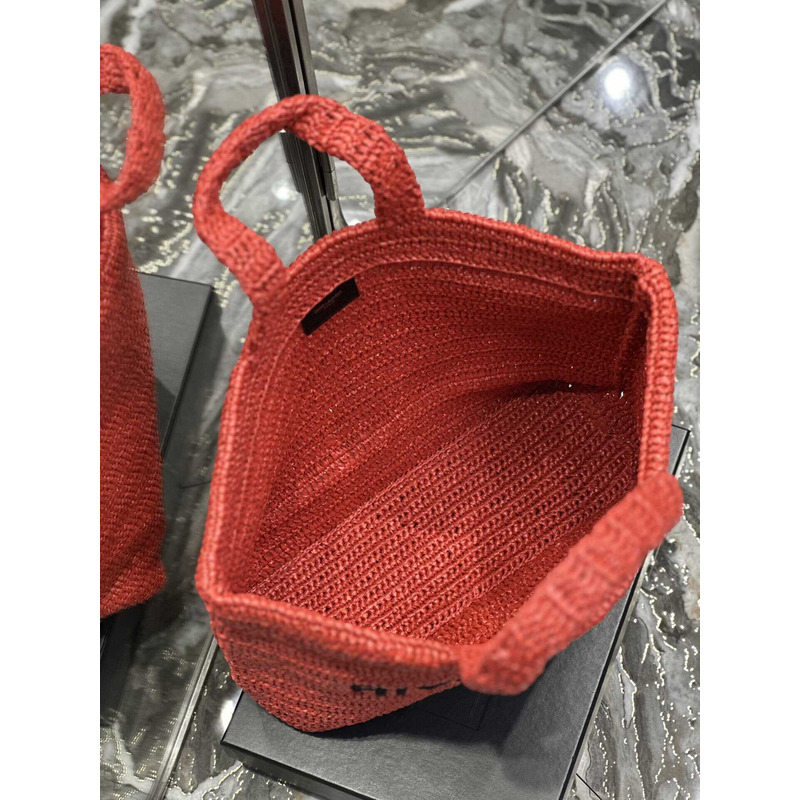 Saint Laurent Rive Gauche Soft Tote Bag In Crocheted Raffia Red