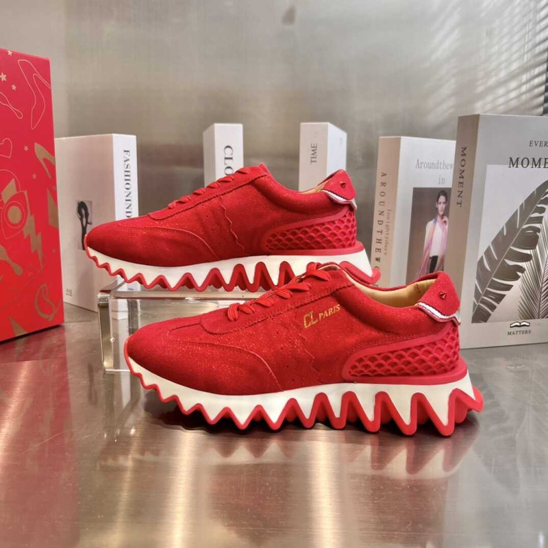 Ch**an louboutin loubishark flat metallic suede red sole runner sneakers
