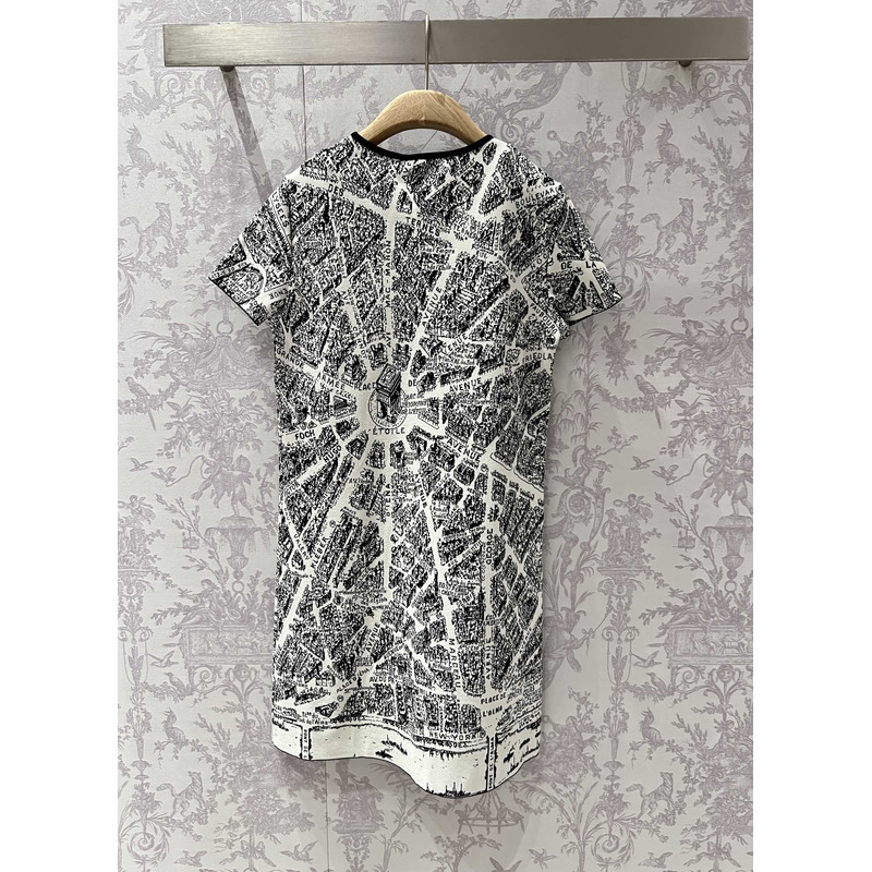 D*or short dress beige and black technical knit with plan de paris motif