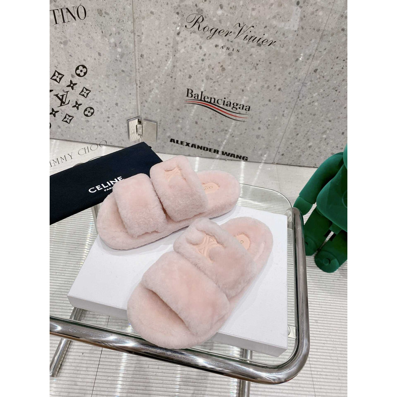 Ce**e open toe platform rubber sole casual style unisex faux fur pink