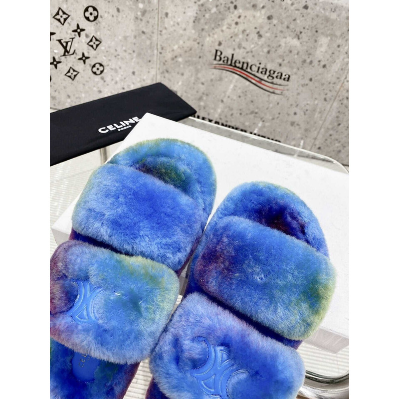 Ce**e open toe platform rubber sole casual style unisex faux fur blue