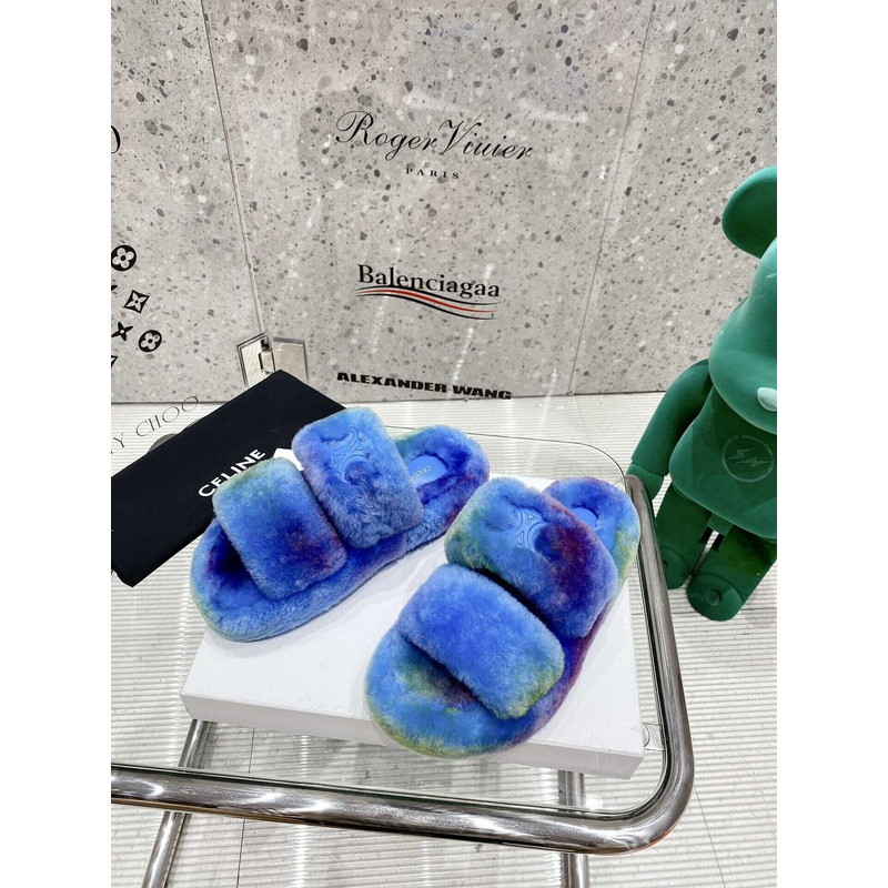 Ce**e open toe platform rubber sole casual style unisex faux fur blue