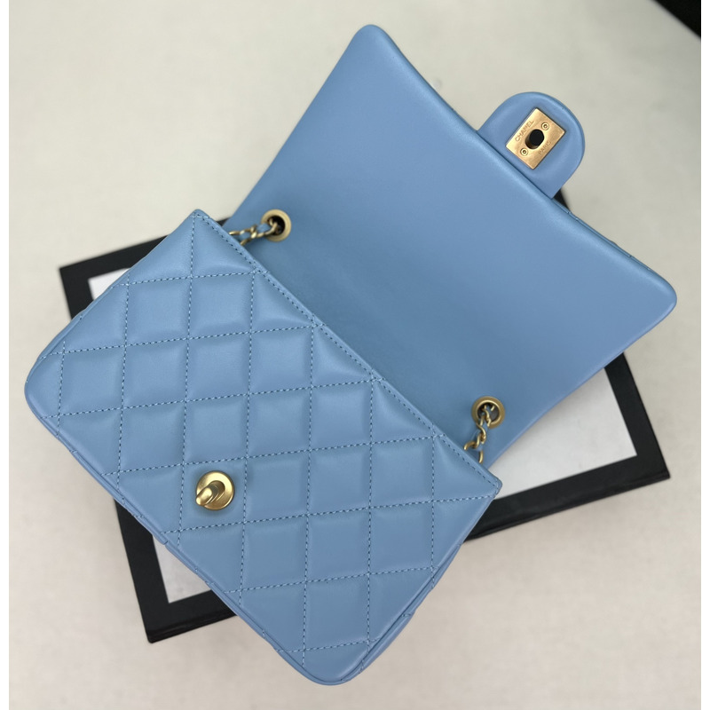 Ch*el small flap bag with top handle lambskin & wenge wood light blue