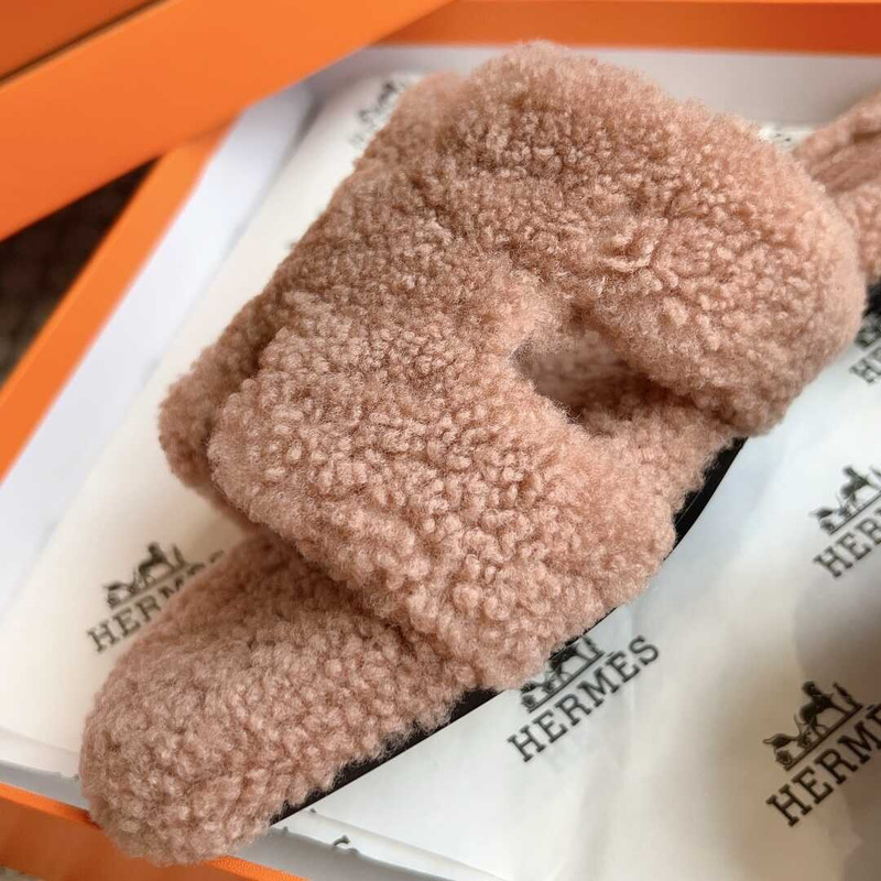 H**mes classic h faux fur slippers nude pink