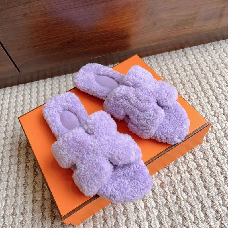 H**mes classic h faux fur slippers purple