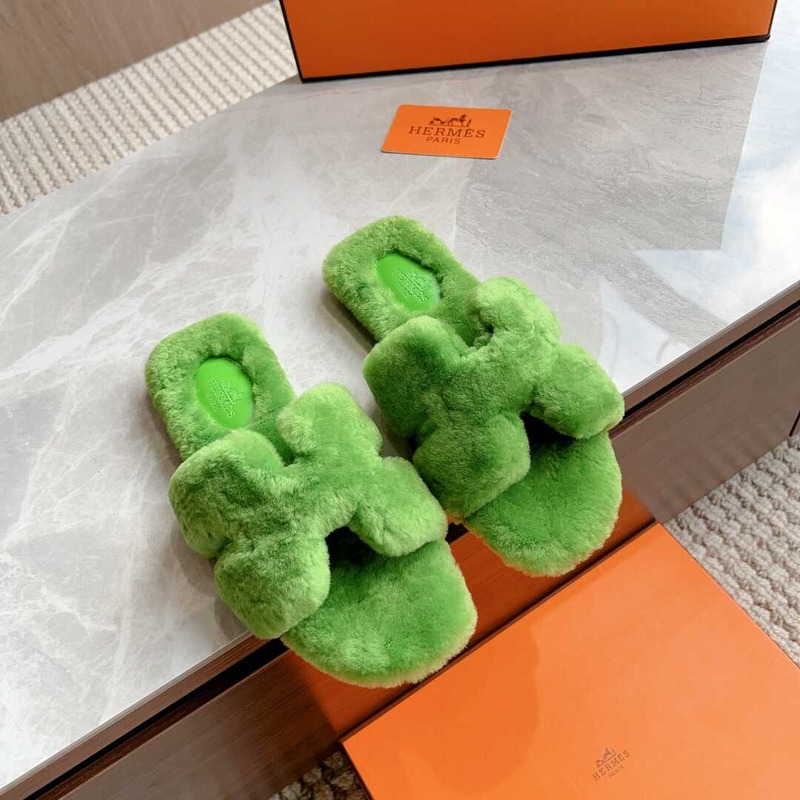 H**mes classic h faux fur slippers light green