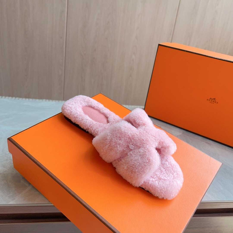 H**mes classic h faux fur slippers pink