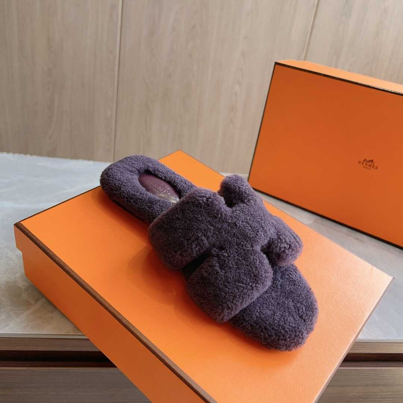 H**mes classic h word teddy bear fur slippers purple