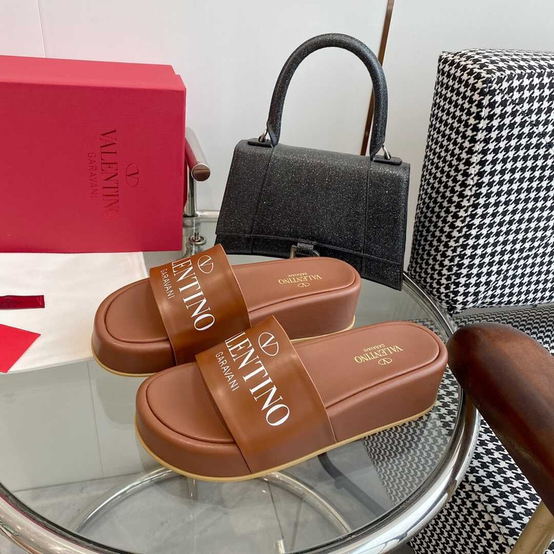 Valentino Logo Rubber Slides Brown