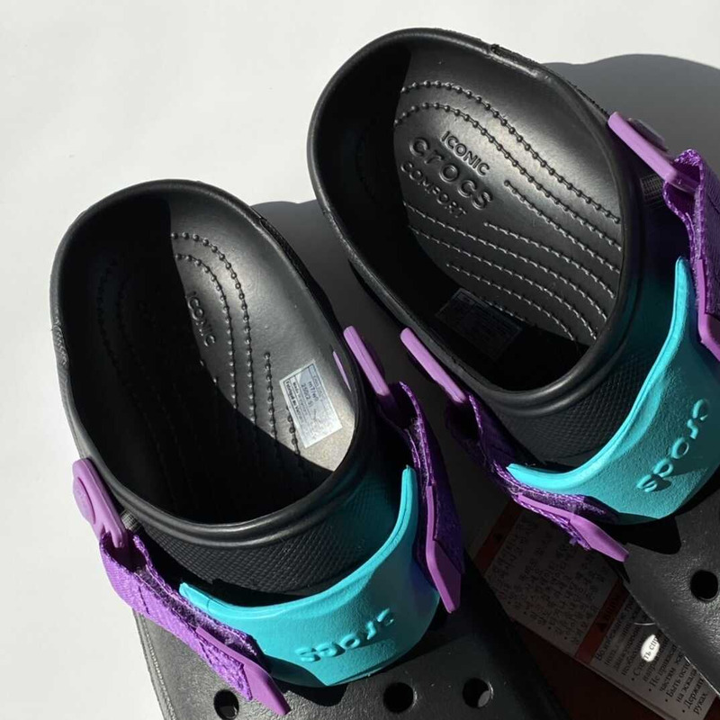 Cr*0*s classic all terrain sandals black purple blue