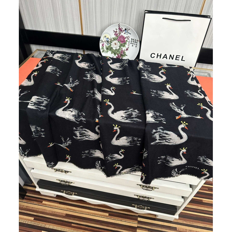 Ch*el swan print silk scarf black