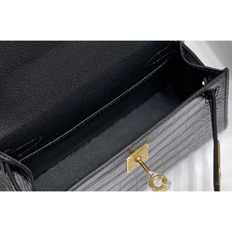 Hermès Black Shiny Alligator Mini Kelly 20 Gold Hardware