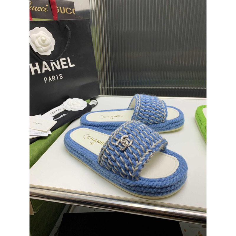 Ch*el braided knit metallic cc slides light blue