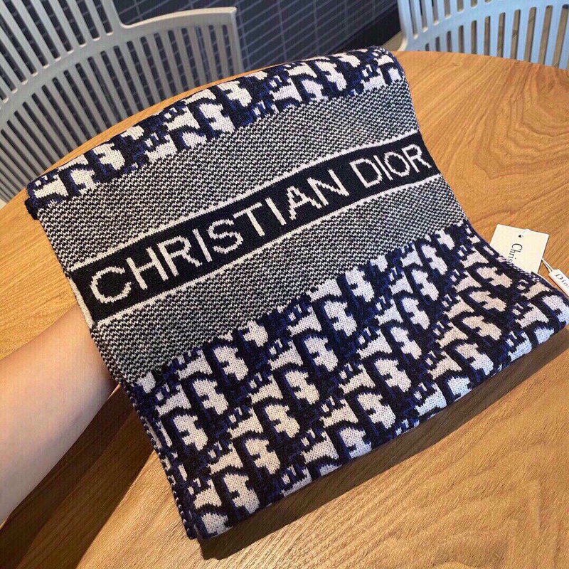 D*or print scarf navy cashmere-blend tech oblique print