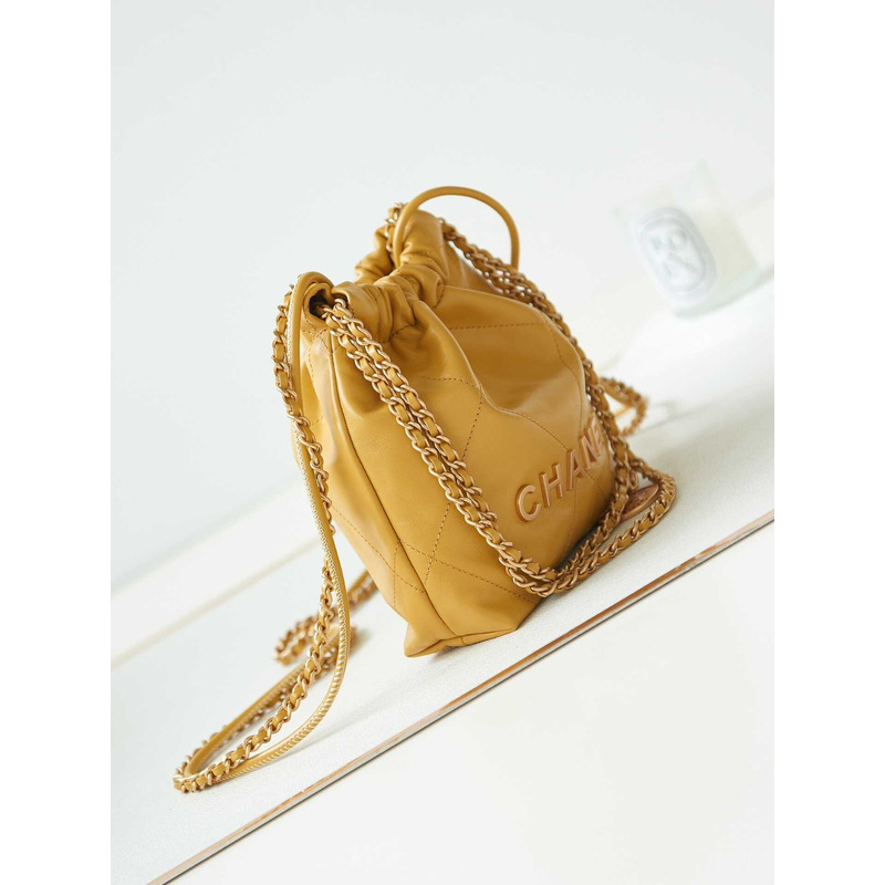 Ch*el 22 mini handbang shiny calfskin & gold-tone metal pale yellow