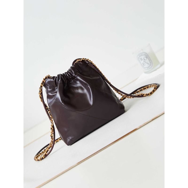 Ch*el 22 mini handbang shiny calfskin & gold-tone metal pale black