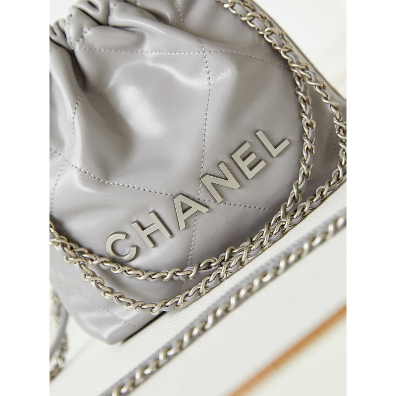 Ch*el 22 mini handbang shiny calfskin & gold-tone metal pale gray