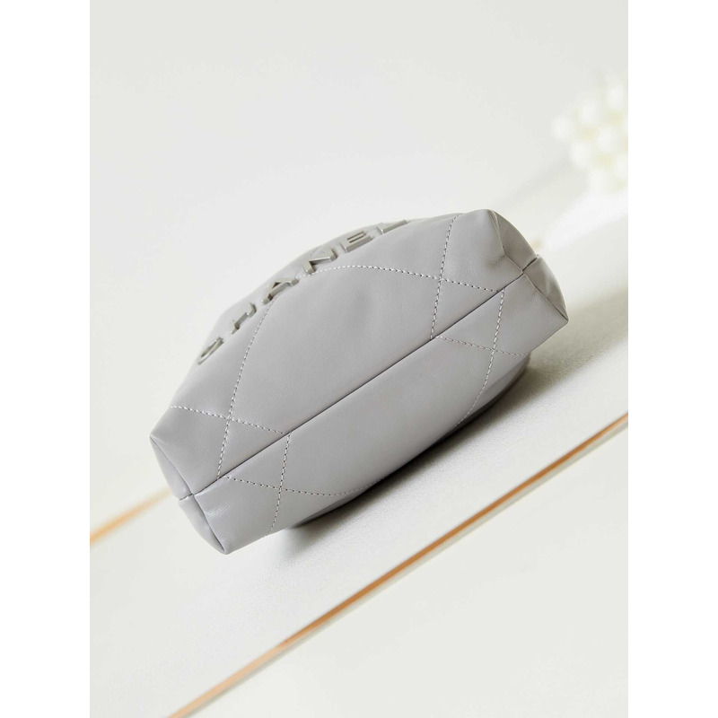 Ch*el 22 mini handbang shiny calfskin & gold-tone metal pale gray