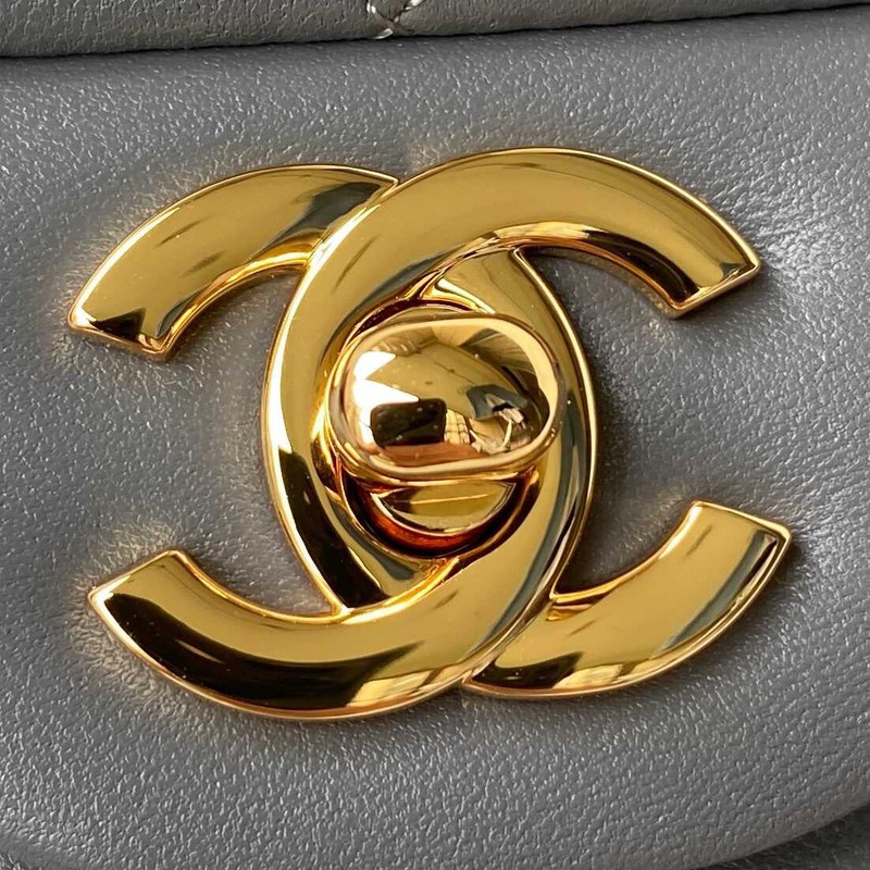 Ch*el mini flap bag lambskin & gold-tone metal grey