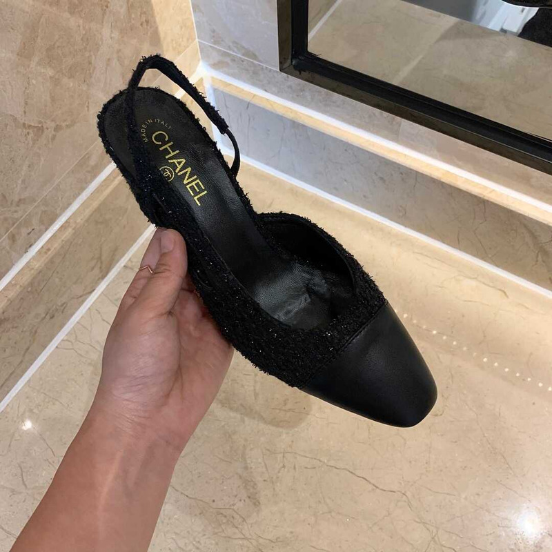 Ch*el classic sandals sheepskin mid-heel sandals black