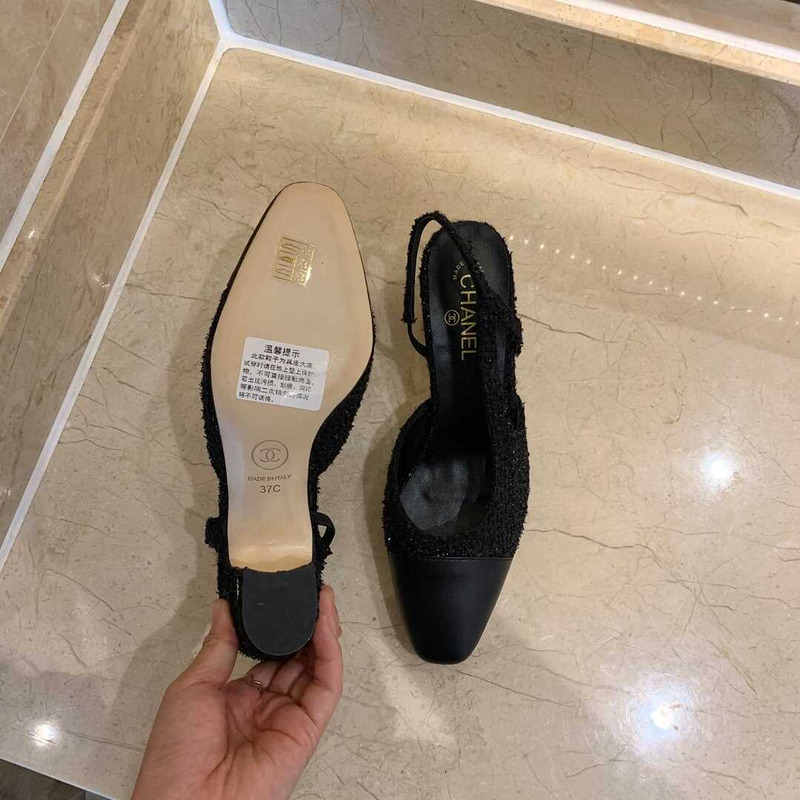 Ch*el classic sandals sheepskin mid-heel sandals black