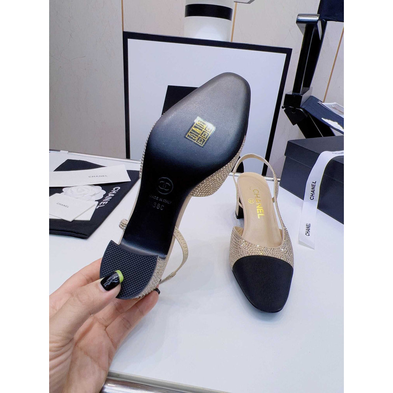 Ch*el strass 65mm slingbacks gold black grosgrain
