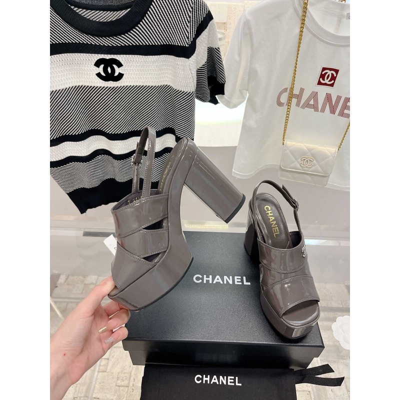 Ch*el lambskin heeled sandals grey