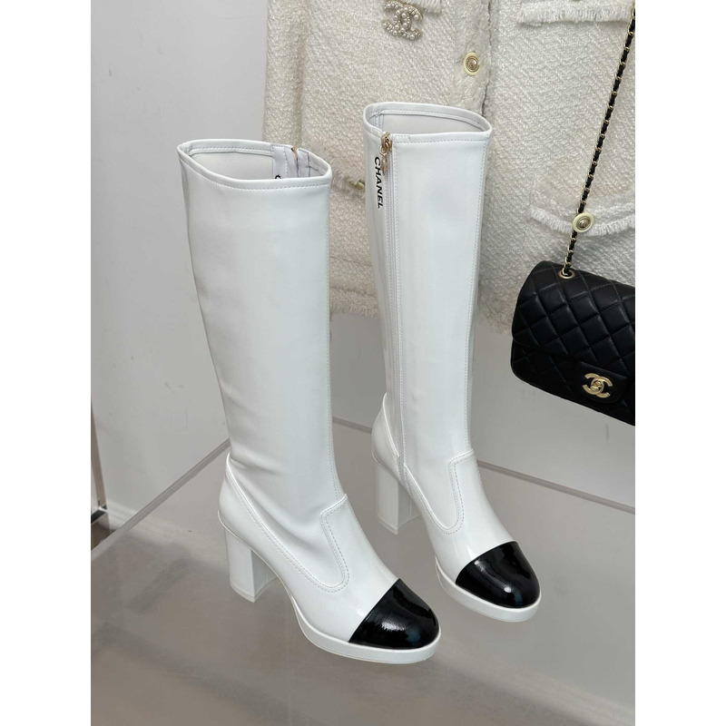 Ch*el cap-toe suede leather boots white