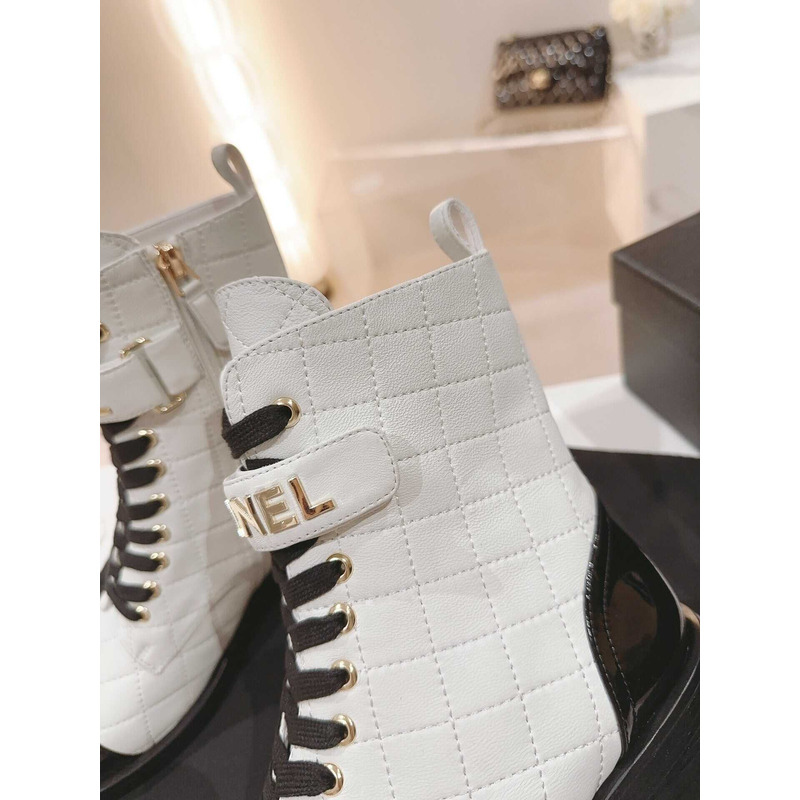 Ch*el military boots patent calfskin and lambskin white