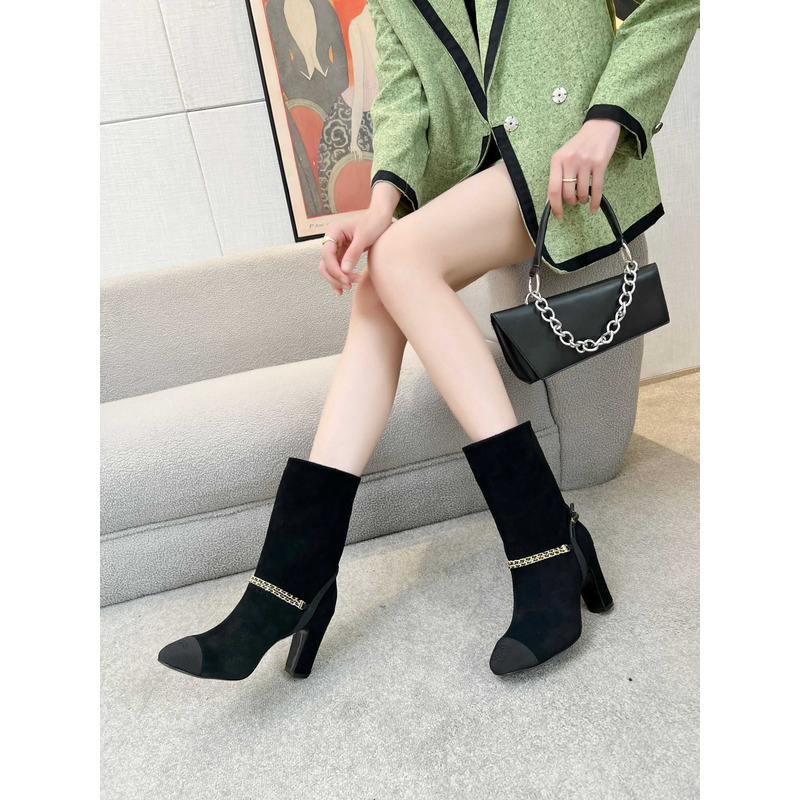 Ch*el short boots suede kidskin, grosgrain & metal black