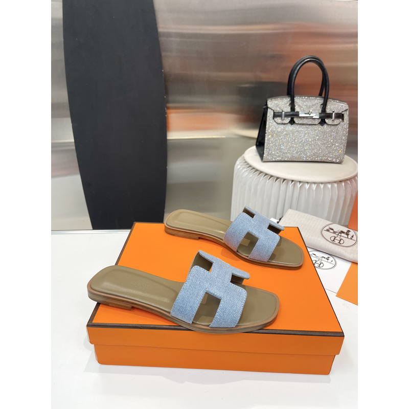 H**mes oran cloth sandal  green and light blue