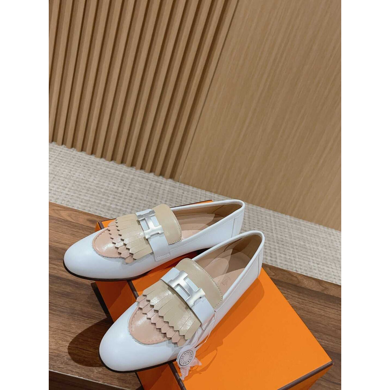 H**mes goatskin womens royal loafers beige and white