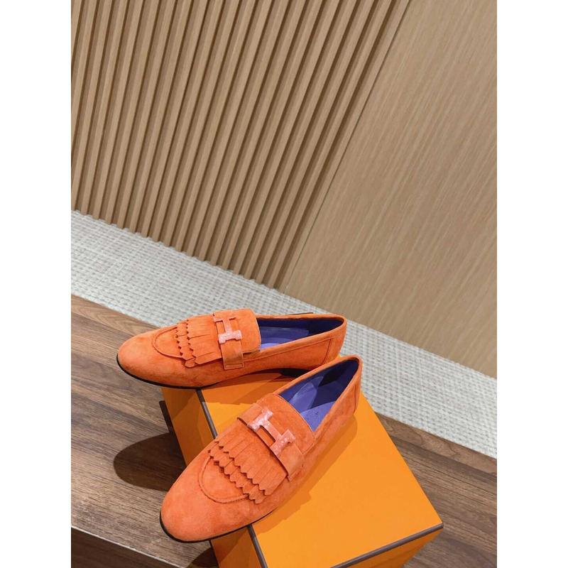 H**mes suede goatskin womens royal loafers orange