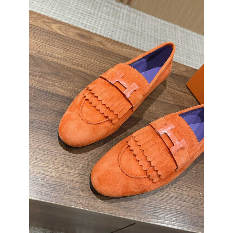 H**mes suede goatskin womens royal loafers orange