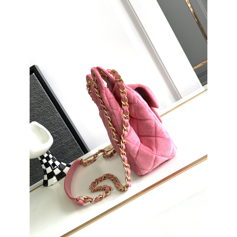 Ch*el small hobo bag velvet&gold tone metal pink
